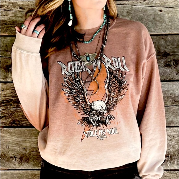 Sweet Claire Tops - NWOT Rock N Roll Stole My Soul Hombre Tan Swestshirt